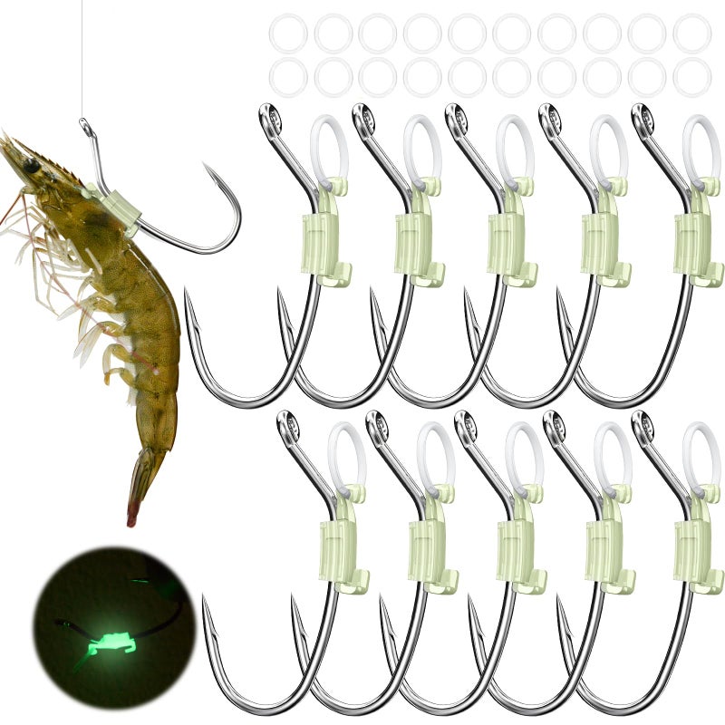 KANAMA Luminous Live Shrimp Fishing Hooks,Carbon Steel Barbed Hooks with Holes, Ideal for Bass,Snapper,Groupers,Pike,That Can Adapt to Various Fishing, Large, 10 Pcs - Image 1